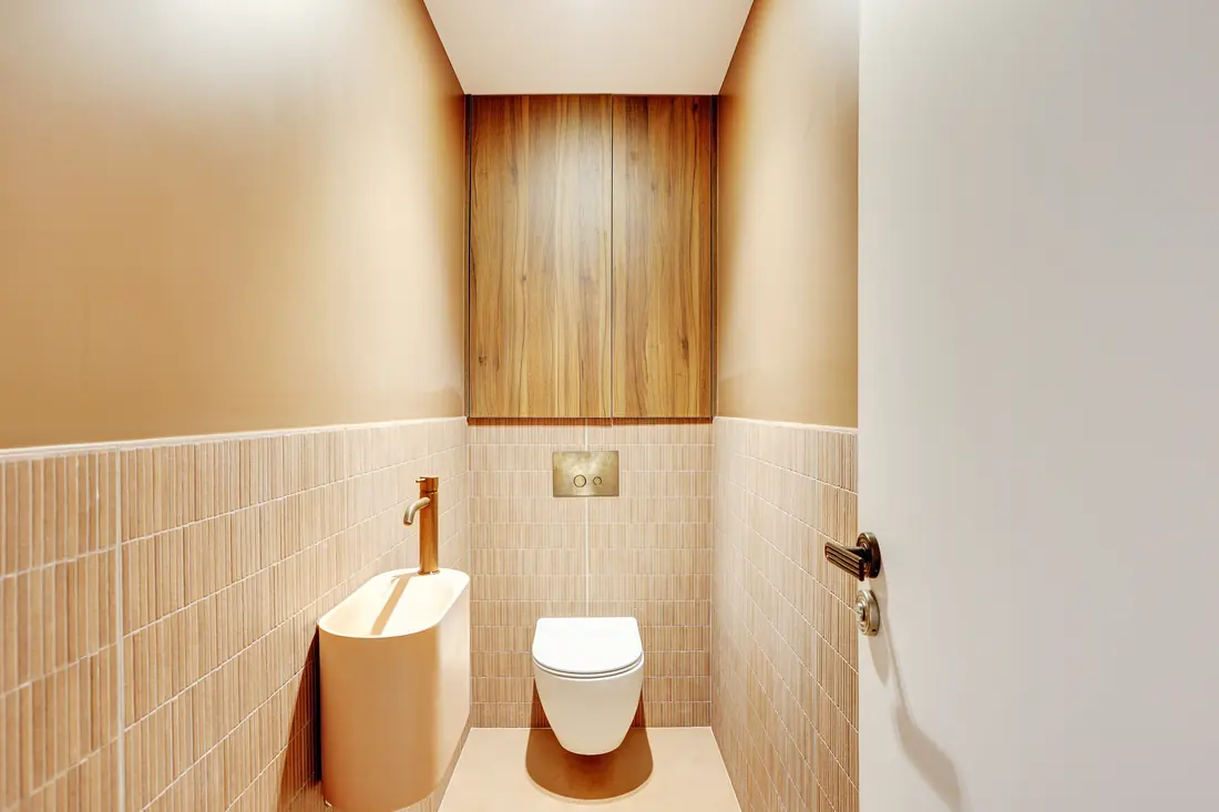 WC suspendu avec lave-mains monobloc, faïence fine et coffre en bois